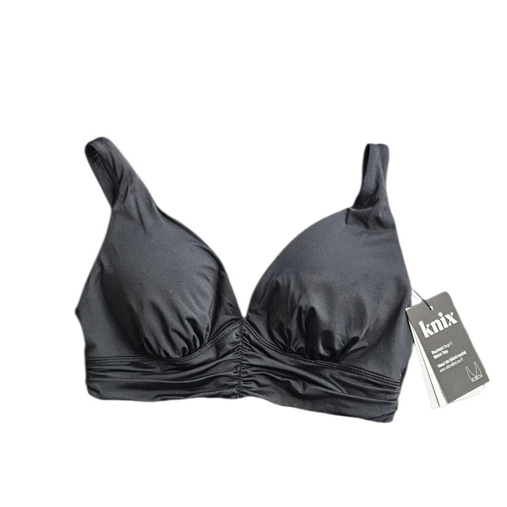 Knix Ruched Bikini Top, Black, V-Neck, Adjustable, Size S+ Fits Sizes 32DDD,F,G